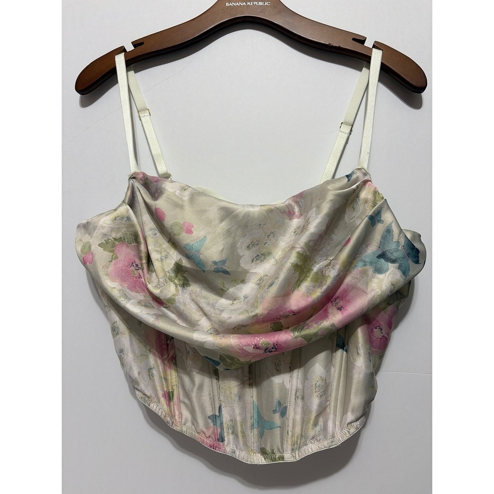 Victoria's Secret Very Sexy Satin Floral Draped Corset Cami Top Ivory Pink Blue
